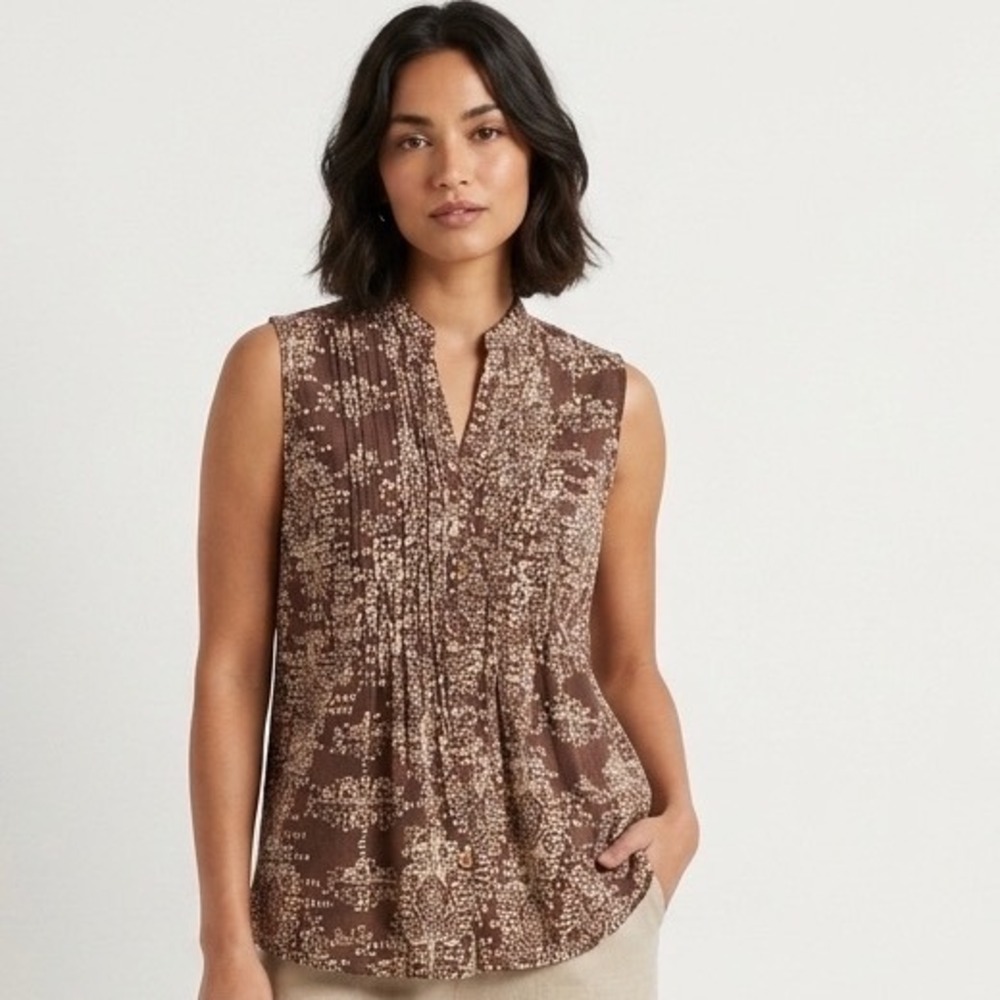 Jaclyn Smith Blouse XL Brown Geometric Linen Blend Sleeveless Pintuck Top